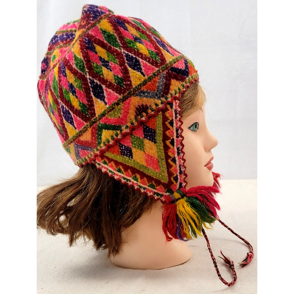 Vintage Handwoven Andean Wool Chullo Hat Earflaps & Tassels - Picture 5 of 12